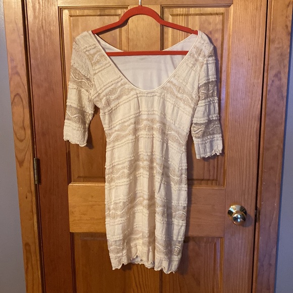 EUC/ BEBE beautiful fully lined off white with gold stitching dress. - Picture 2 of 12